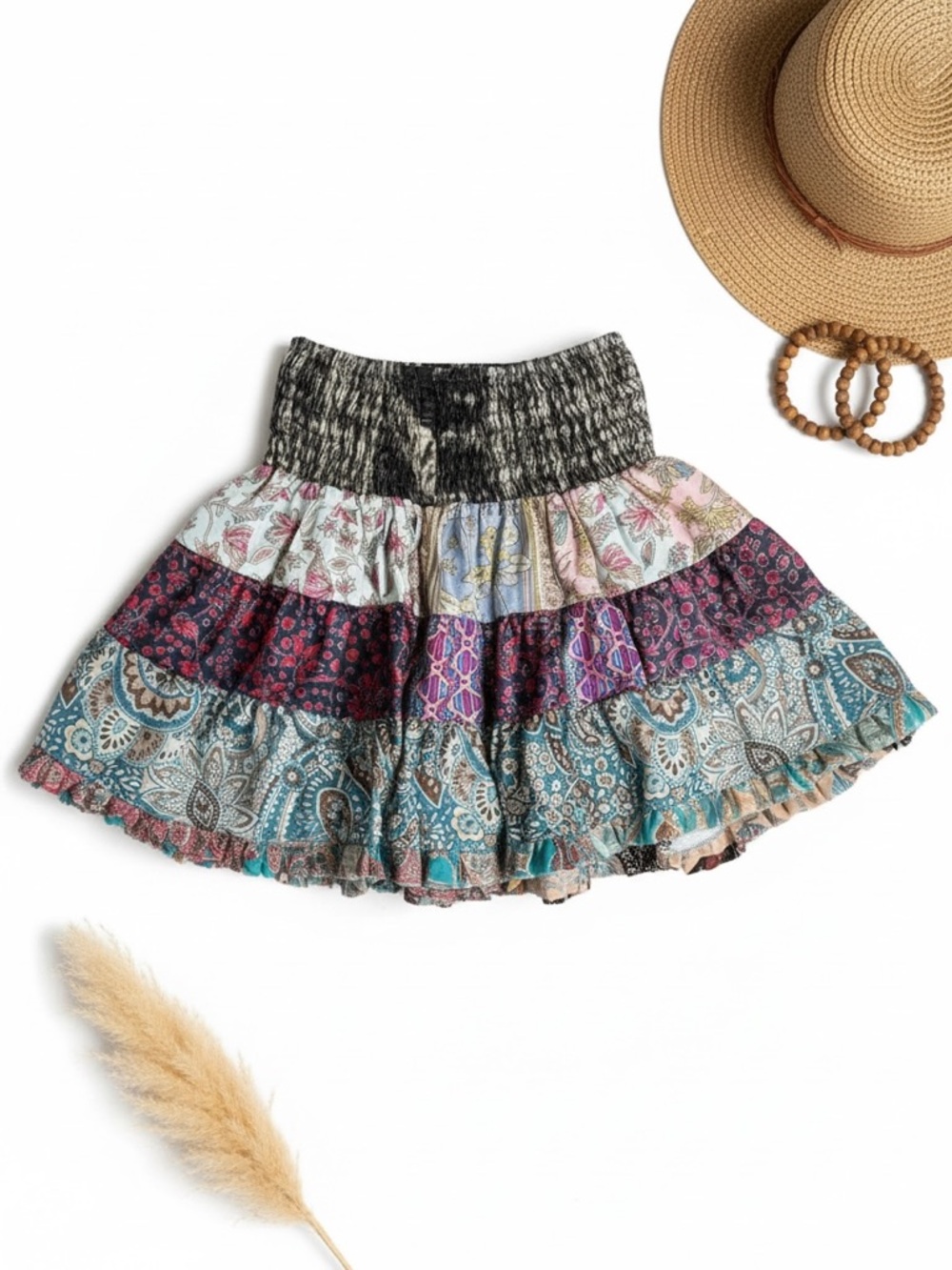 Karma Highway Boho Patchwork Mini Skirt One Size Paisley Tiered Festival 90s Y2K